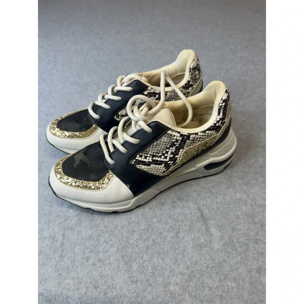 Steve Madden Sneakers Womens Sz 6 M Cliff Gold Color Glitter Faux Snake Print